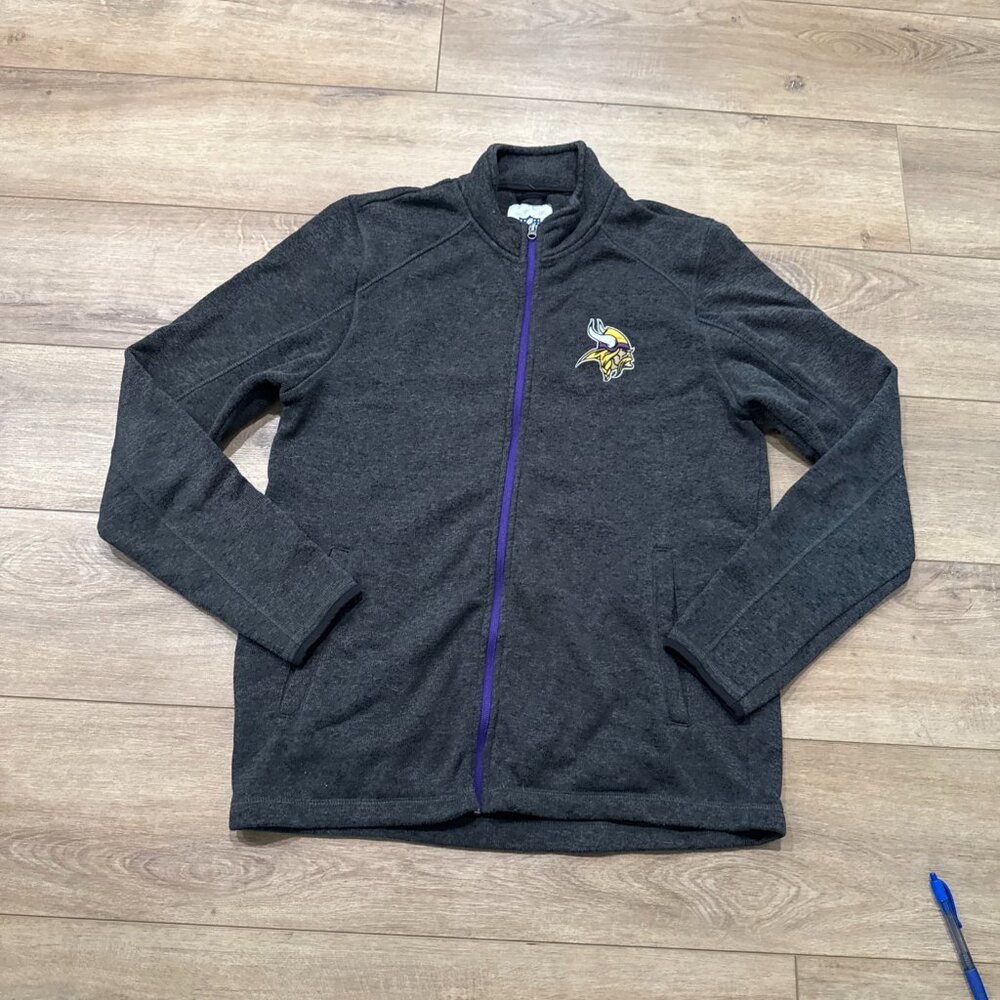 Minnesota Vikings NFL Sweater Knit Fleece Zip Jacket Mens Size L Dark Gray Logo